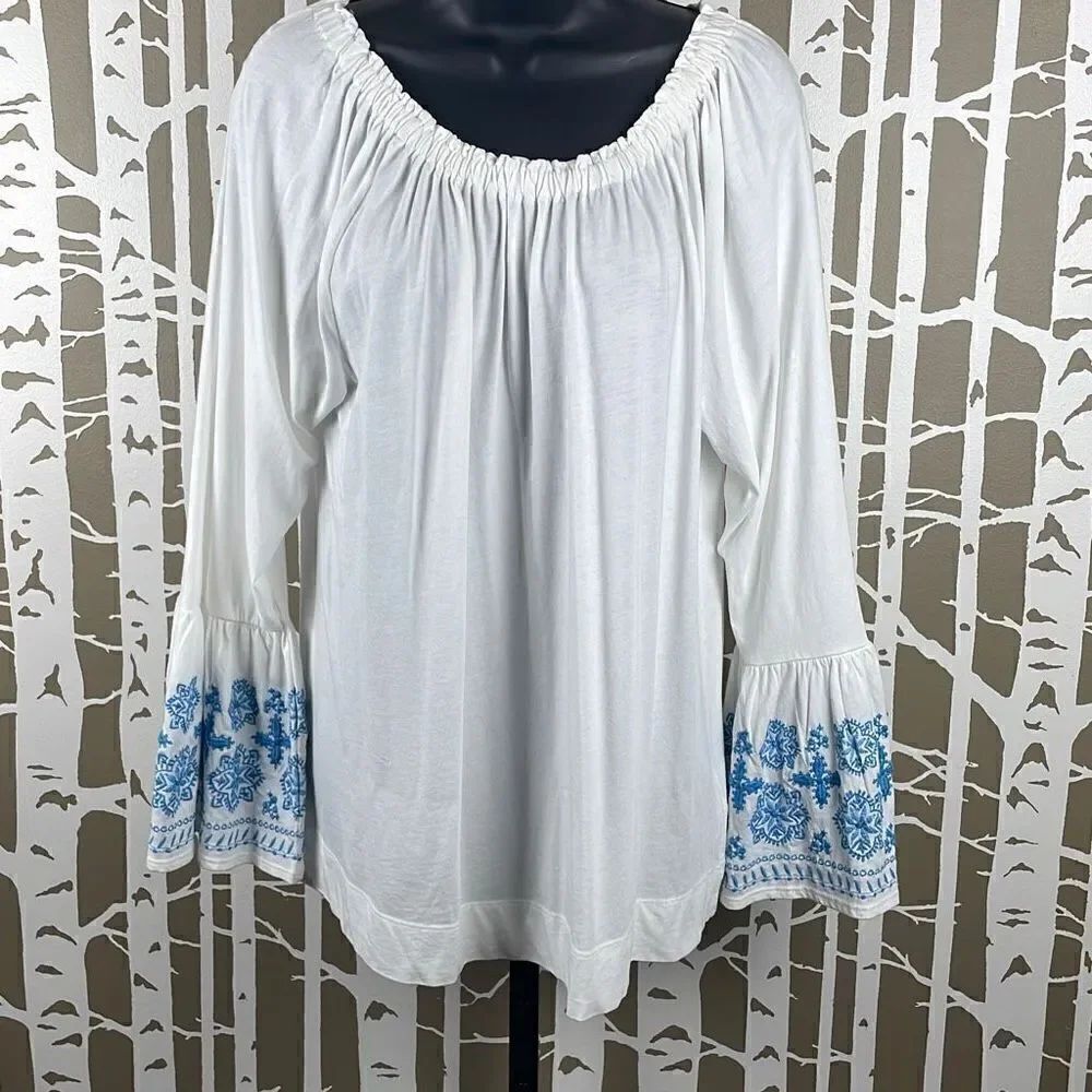 Chaps NEW $49 Tropic Bay Boho Off Shoulder Embroidered Bell Sleeve Top M